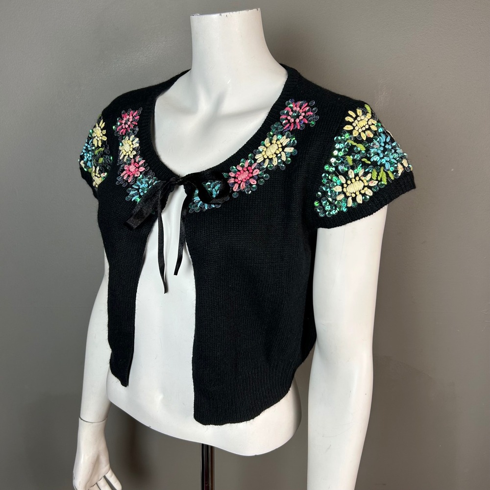 Fairy Whimsical Cardigan Sweater Large VTG NEW YORK & COMPANY Embroidered Floral